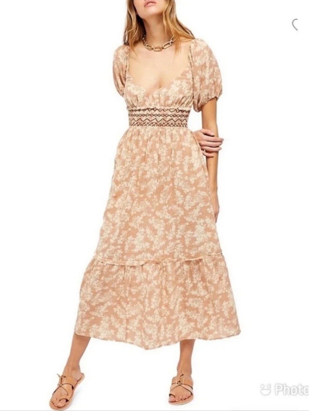 Free People Ellie Printed Maxi Dress Boho Smocked Tan,Small